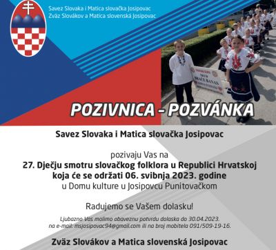 [NAJAVA] 27. Dječja smotra slovačkog folklora u Josipovcu Punitovačkom