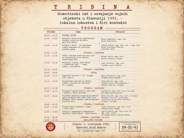 Poziv na povijesnu tribinu &ldquo;Osvajanje vojnih objekata u Slavoniji 1991. &ndash; lokalna iskustva i &scaron;iri kontekst&rdquo;