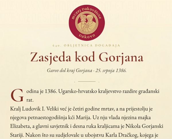 Zasjeda kod Gorjana 1386. &ndash; novi interaktivni sadržaj Muzeja Đakov&scaron;tine
