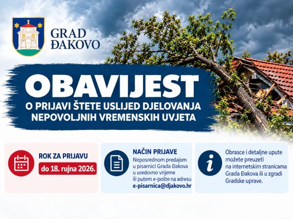 Grad Đakovo: Prijavite &scaron;tetu nastalu uslijed olujnog i orkanskog vjetra